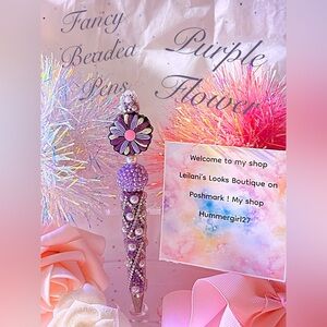 Purple Beaded Pen with Floral Design/springtime/purple beads